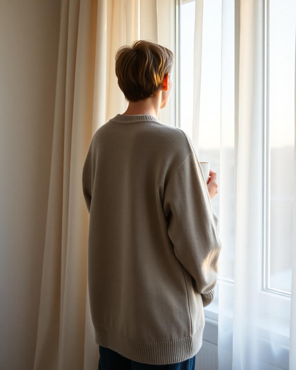Person vid fönstret med en kopp i morgonljuset